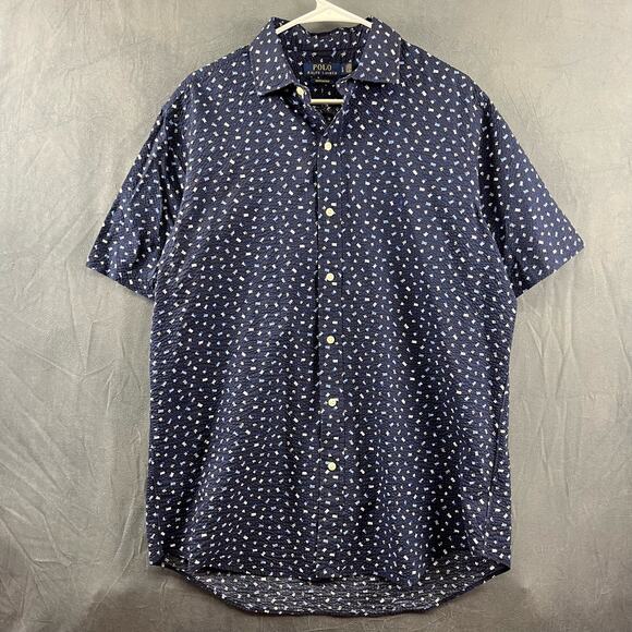 Polo Ralph Lauren Seersucker Casual Button-Down Shirt All Over Print Flags Large - Picture 1 of 12